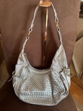 Metallic Silver Woven Hobo Shoulder Bag